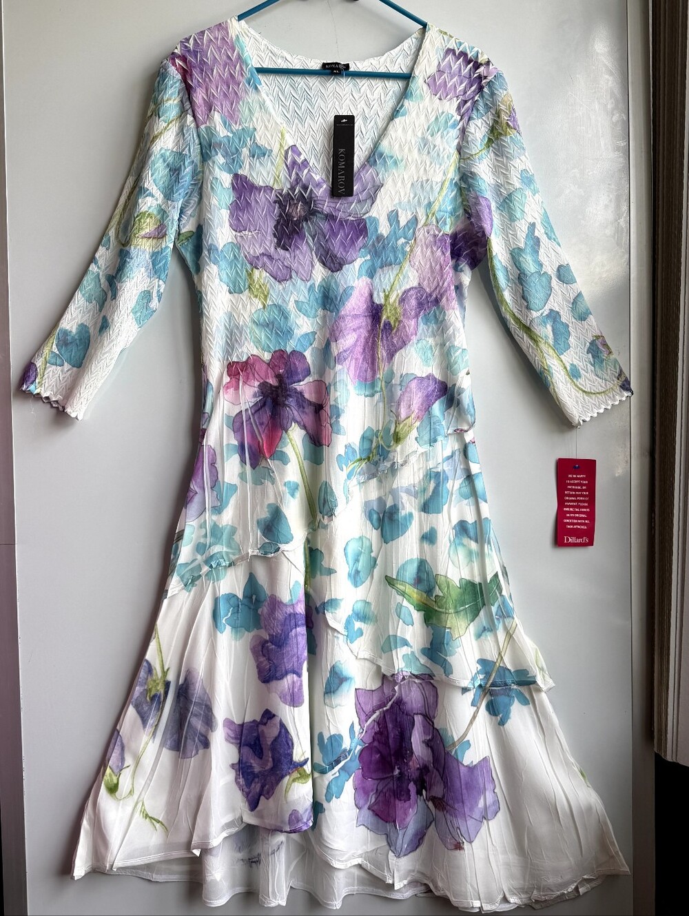 NWT Komarov Pleated Floral V-Neck Layered Hem Midi Dress XL